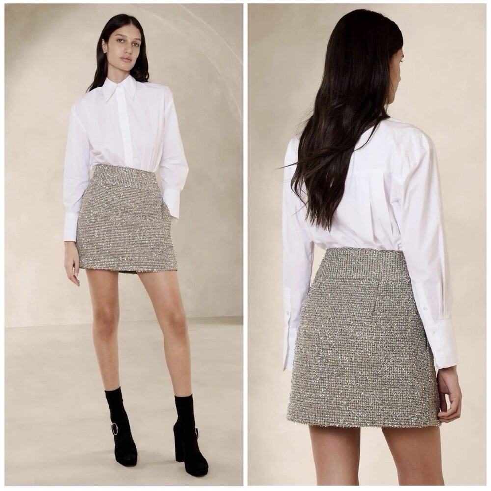 Banana Republic Coleta Tinsel Mini Skirt Silver Tweed Lined Pockets